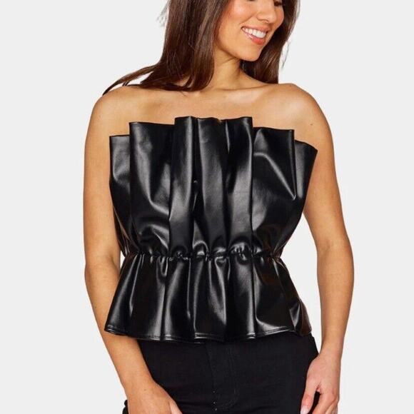 DO + BE Strapless Ruffle Leather Black Top Small - Picture 1 of 4
